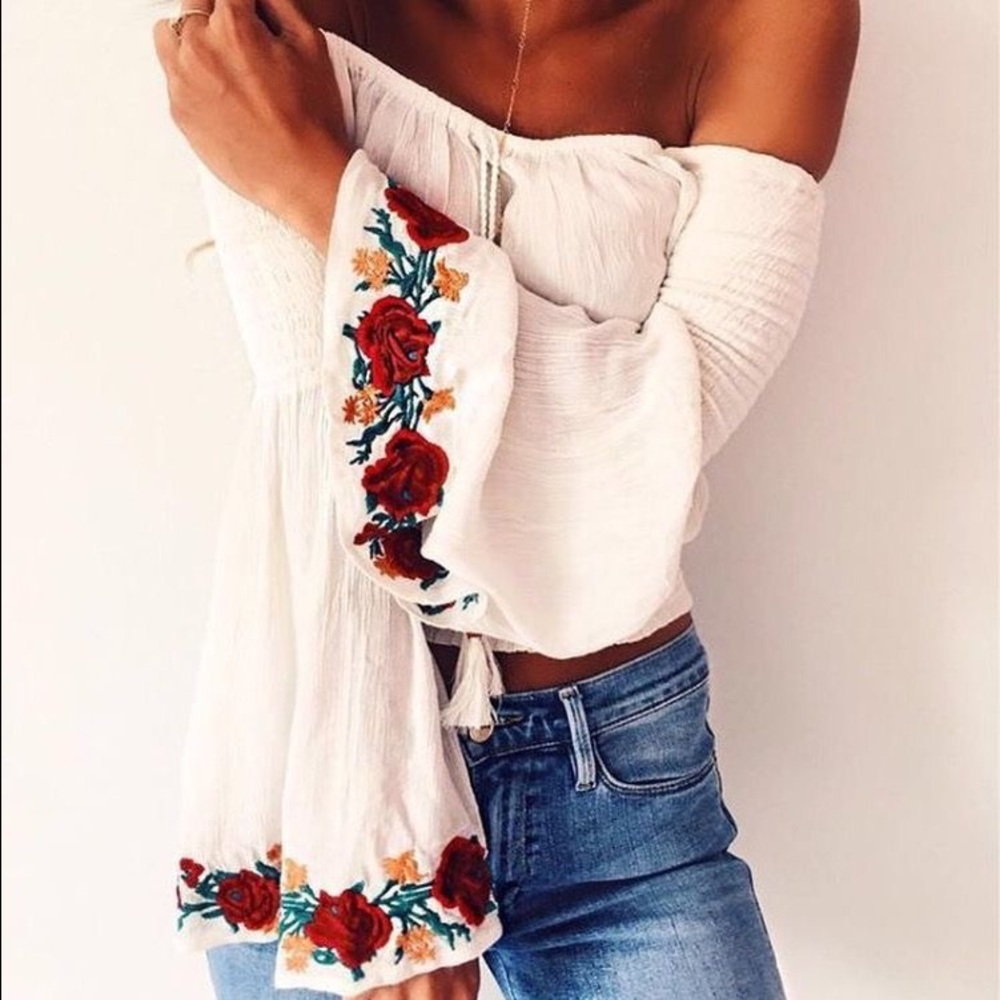 Boho Embroidered Off The Shoulder Top